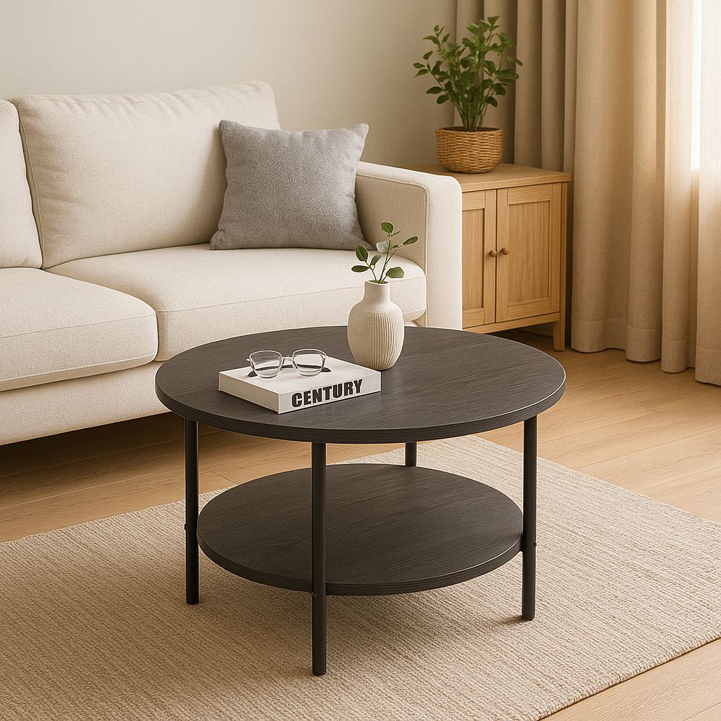 Gray Round Coffee Table with 2‑Tier Storage – Modern Accent Side/Sofa Tea Table for Living Room
