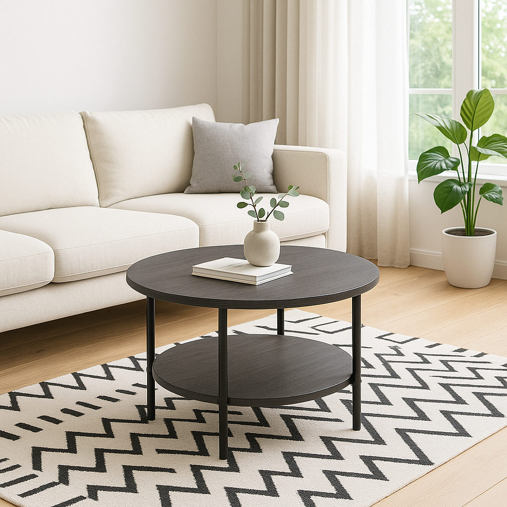 Gray Round Coffee Table with 2‑Tier Storage – Modern Accent Side/Sofa Tea Table for Living Room