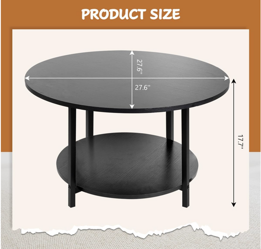 Black Round Coffee Table, Table Tea Table with Storage 2-Tier for Living Room, Office Desk,balcony