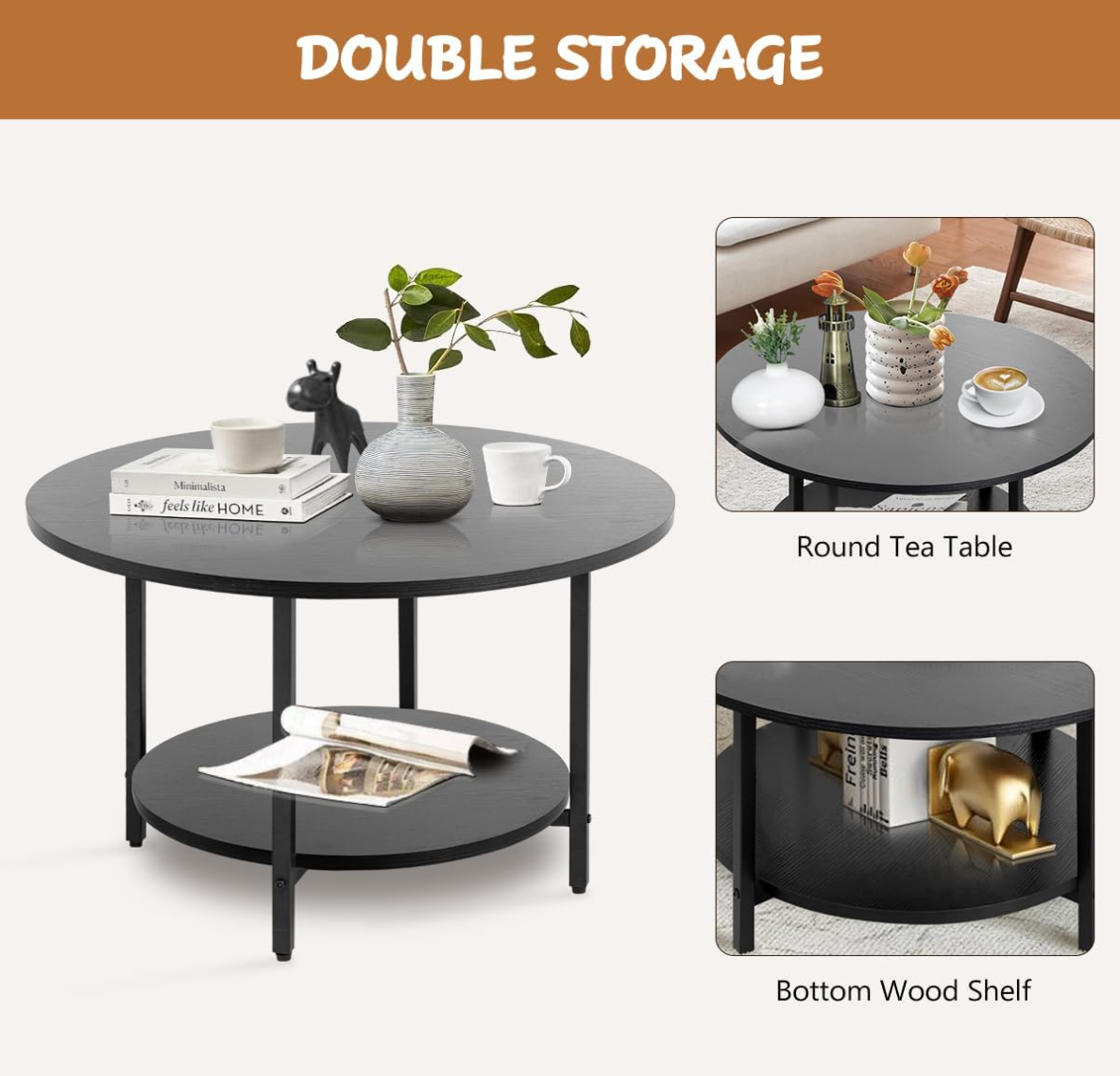 Black Round Coffee Table, Table Tea Table with Storage 2-Tier for Living Room, Office Desk,balcony