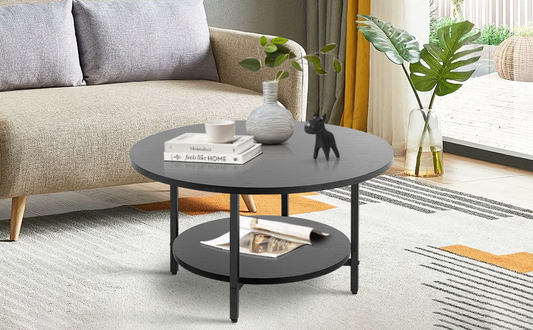 Black Round Coffee Table, Table Tea Table with Storage 2-Tier for Living Room, Office Desk,balcony