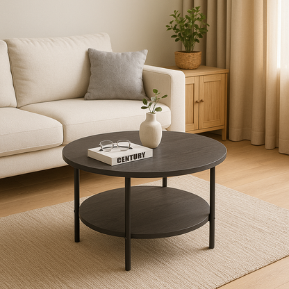 Gray Round Coffee Table with 2‑Tier Storage – Modern Accent Side/Sofa Tea Table for Living Room